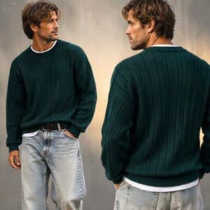 Vtg 90s Fisherman Grandpa Wool Blend L Dark Academia Sweater Green Rib Preppy